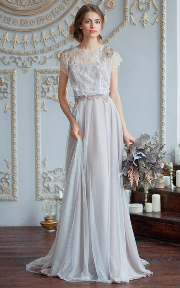 Beaded Lace Satin Tulle Wedding Dress Unique Flowy Bridal Gown