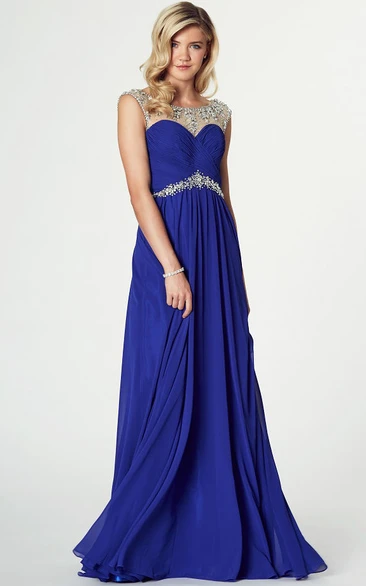 Beaded Sleeveless Maxi Chiffon Prom Dress Flowy Women's Evening Dress