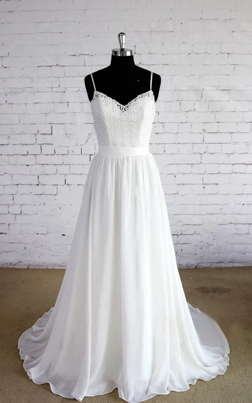 Chiffon A-Line Wedding Dress with Lace Bodice and Spaghetti Straps