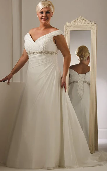 Lace Up Plus Size Wedding Dress with Off Shoulder and Empire Waist Crystal