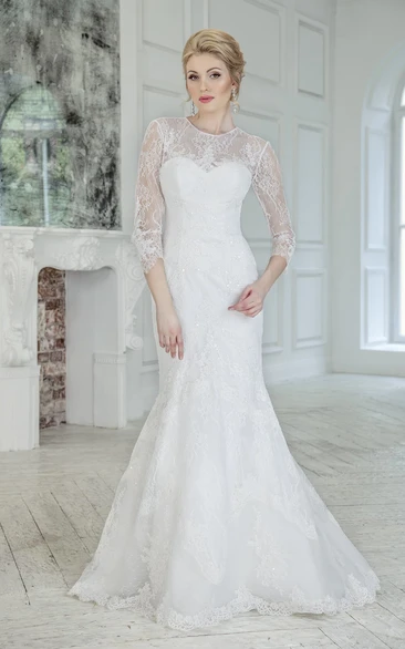 Jewel Lace Mermaid Wedding Dress with Keyhole and 3/4 Sleeves