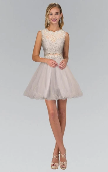 A-Line Lace Sleeveless Short Dress with Jewel Neck and Appliques Formal Dress
