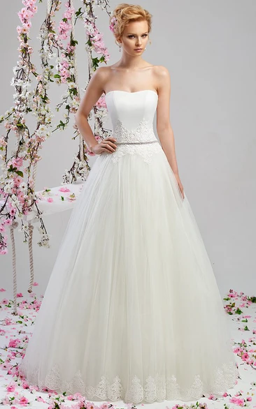 Strapless A-Line Satin and Tulle Wedding Dress with Jeweled Waist and Cape Unique Bridal Gown