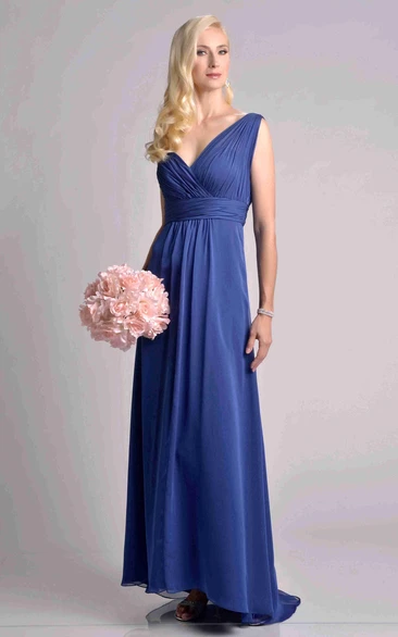 Long Chiffon Bridesmaid Dress with Crisscross V-Neck Ruching and Pleats