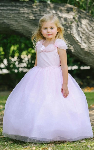 Ruched Tulle&Organza Appliqued Tea-Length Flower Girl Dress with Tiers and Elegant Accents