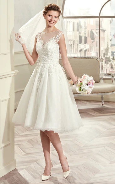 Knee-length Wedding Dress with Illusive Design and Lace Bodice Cap-sleeve Bridal Gown