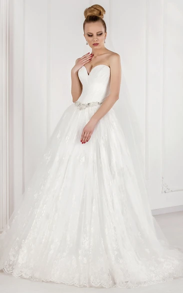 Jeweled Lace Sweetheart Ball Gown Wedding Dress with Ruching