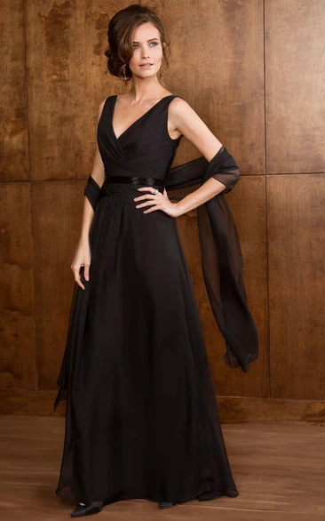 A-Line V-Neck Gown with Matching Shawl Sleeveless Bridesmaid Dress