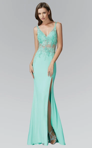 Jersey Spaghetti Strap Sheath Prom Dress with Front Split and Appliques