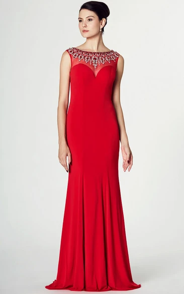 Jersey Prom Dress with Brush Train and Beaded Bateau Neckline