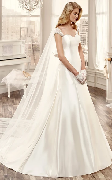 Large Back Bow Brush Train Sweetheart Cap-Sleeve Long Wedding Dress Flowy