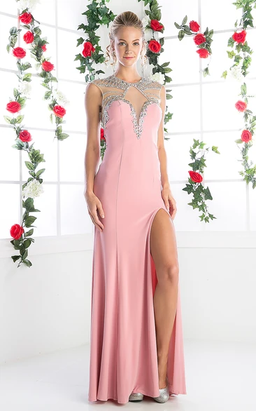 Sleeveless Beaded Sheath Dress with Split Front and Illusion Neckline