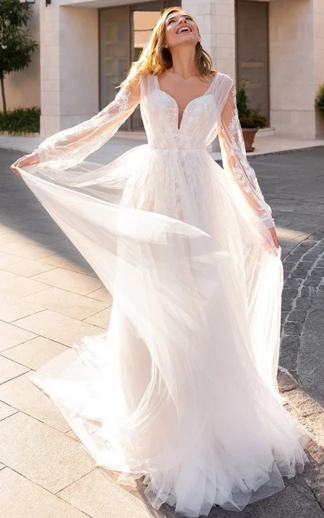 Tulle A Line Wedding Dress with Plunging Neckline & Appliques Highend & Modern