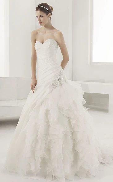 Tiered Skirt Mermaid Bridal Dress with Sweetheart Neckline and Flower Accents