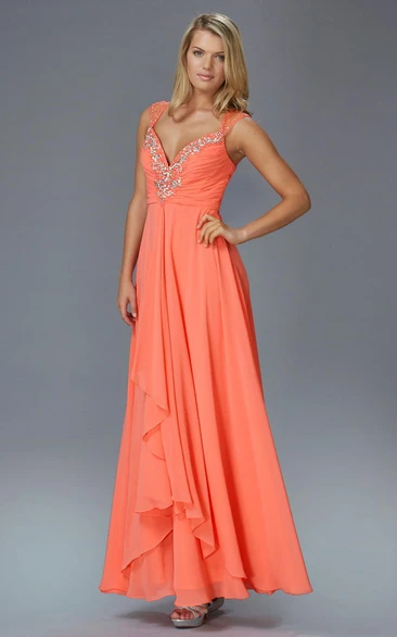 Long Chiffon Queen Anne Dress with Keyhole Beading and Draping Formal Dress