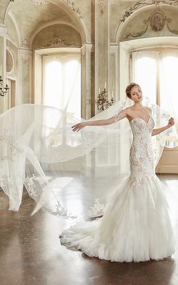 Trumpet Sweetheart Tulle and Lace Wedding Dress Long with Cascading Ruffles and Court Train