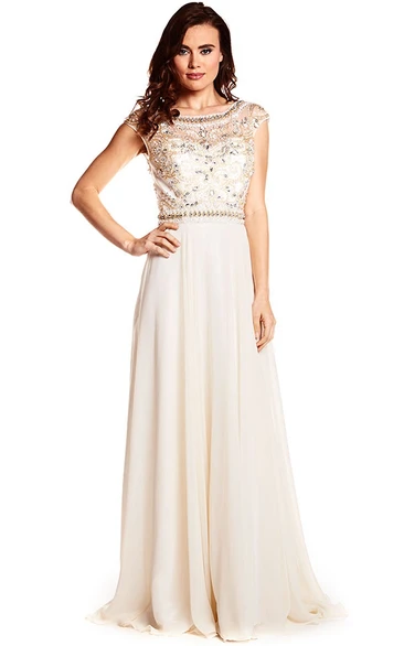 Chiffon Cap Sleeve Prom Dress with Beaded Bateau Neckline and Keyhole