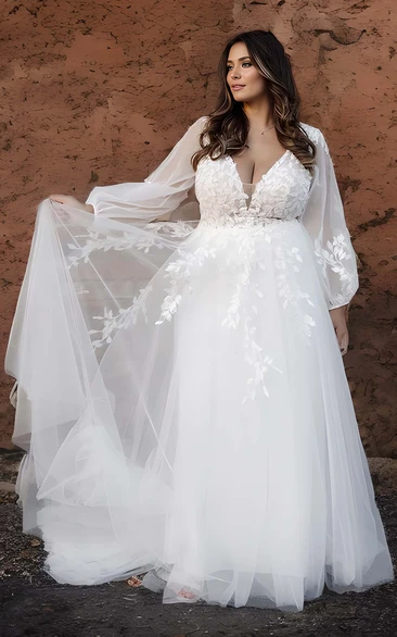 Sexy A-Line V-neck Lace Plus Size Zipper Wedding Dress with Long Sleeve