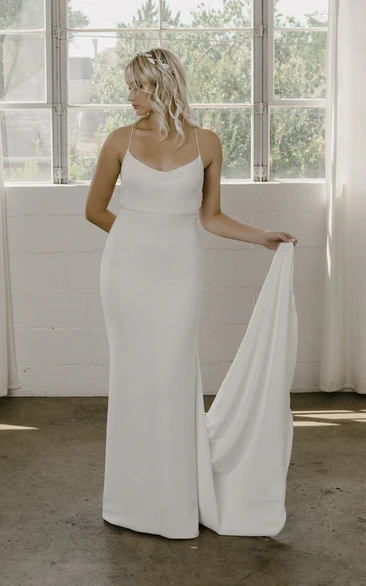 Simple Sheath Wedding Dress with Spaghetti Straps Open Back and Court Train