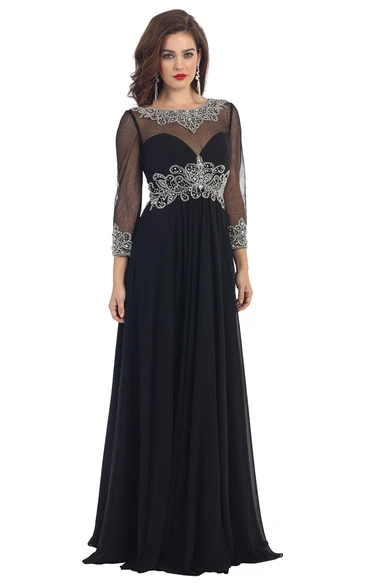 Long Sleeve Chiffon Formal Dress with Beading and Criss Cross Detail