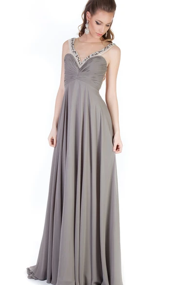 Jewel-Neck Sleeveless Empire Prom Dress with Beading and Ruching