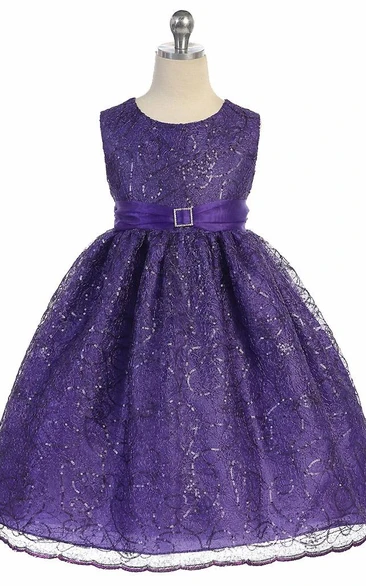 Organza Flower Girl Dress with Broach and Beaded Sequins Tea-Length