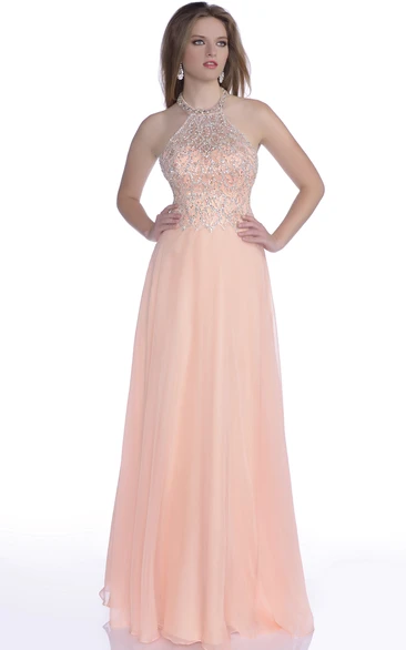 Beaded Halter Chiffon A-Line Prom Dress Elegant Evening Gown