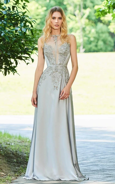 Elegant Sleeveless Chiffon Prom Dress with Beading Appliqued Button Back