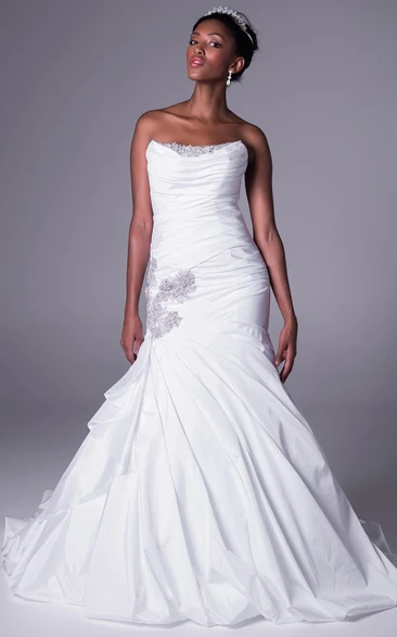 Ruched Satin Mermaid Wedding Dress with Beading and Strapless Neckline