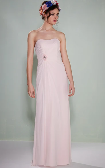 Chiffon Strapless Ruched Bridesmaid Dress with Broach Elegant Bridesmaid Dress