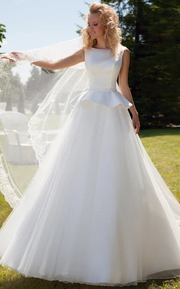 Satin&Tulle Wedding Dress with Peplum and Corset Back