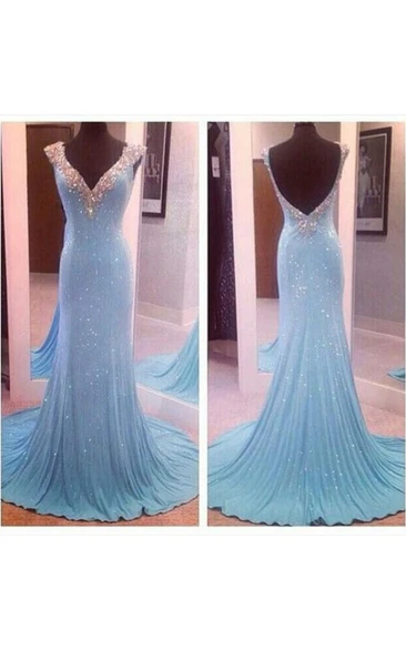 V-Neck Sequin Mermaid Dress with Lace Back Glamorous Evening Gown