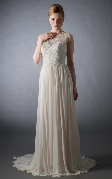 Scoop Appliqued Chiffon Wedding Dress Long Sweep Train