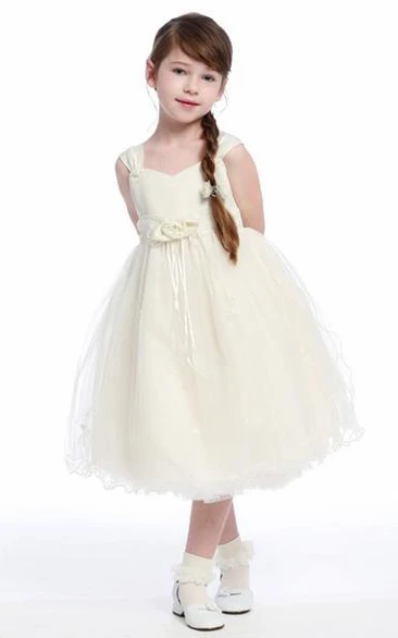 Tea-Length Tulle Satin Floral Flower Girl Dress Elegant 2024