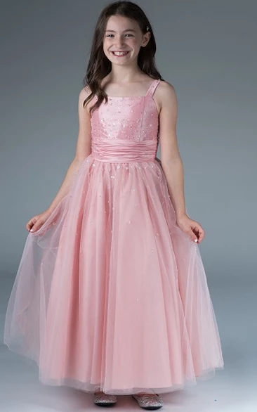 Sequined Tulle Ball Gown Flower Girl Dress with Square Neck