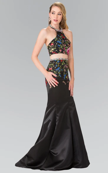 Embroidered Satin Two-Piece Sheath Dress for Prom or Formal Events