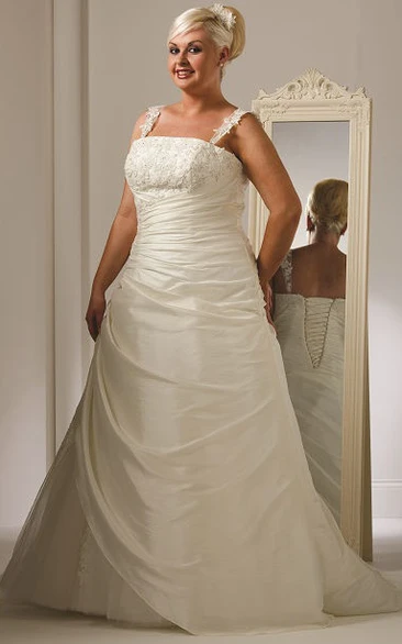 Bridal Gown with Appliqued Straps Bodice Side Drape and Lace Up