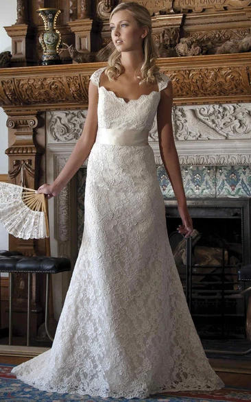 Cap-Sleeve Lace Ribbon V-Neck Wedding Dress Elegant Bridal Gown