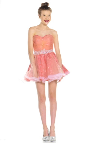 A-Line Sweetheart Sequin and Tulle Prom Dress Sleeveless Mini with Waist Jewelry