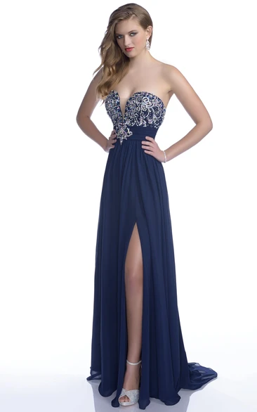 Sophisticated Sweetheart A-Line Prom Dress with Rhinestone Bodice and Side Slit Elegant Formal Dress