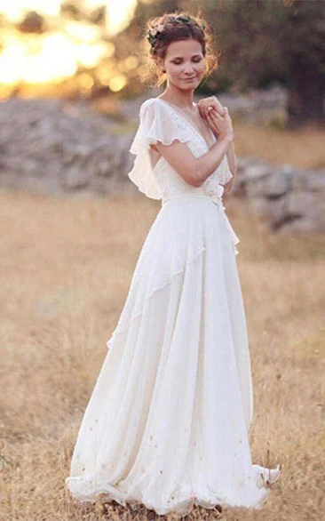 A Line V-neck Chiffon Lace Wedding Dress Low-V Back Style