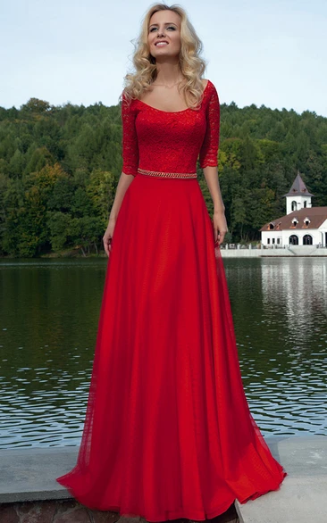 Lace & Chiffon Floor-Length Prom Dress Half-Sleeve A-Line Scoop Neck