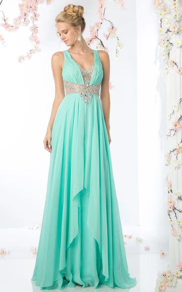 A-Line Empire Chiffon Keyhole Dress with Beading and Draping V-Neckline