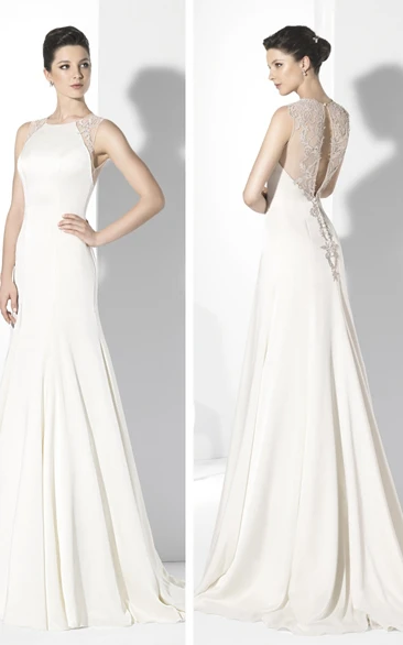 Maxi Lace Chiffon A-Line Wedding Dress with Pleats and Sleeveless Scoop Neck