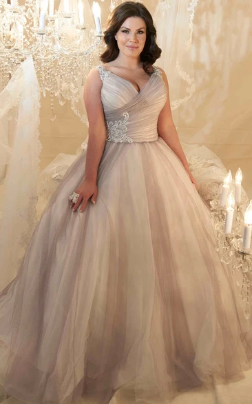 V-Neck Beaded Sleeveless Tulle Plus Size Wedding Dress Ball Gown Lace Up Criss Cross