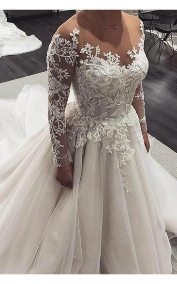 Elegant A-Line Tulle Wedding Dress with Corset Back and Court Train