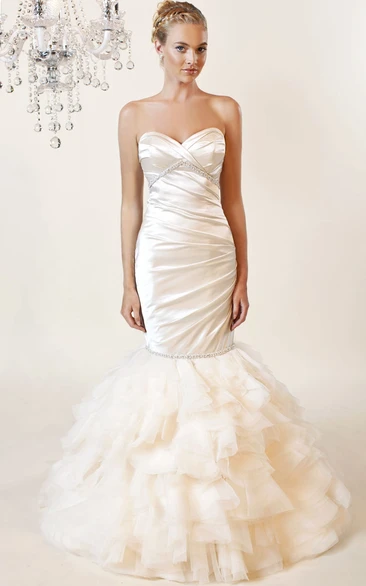 Satin Sweetheart Mermaid Wedding Dress Sleeveless with Ruched Bodice