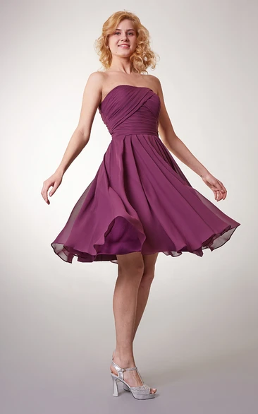 Short Chiffon Dress with Strapless Bodice and Ruched Details