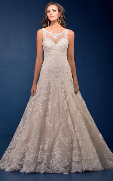 Applique Bateau-Neck Sleeveless A-Line Wedding Dress