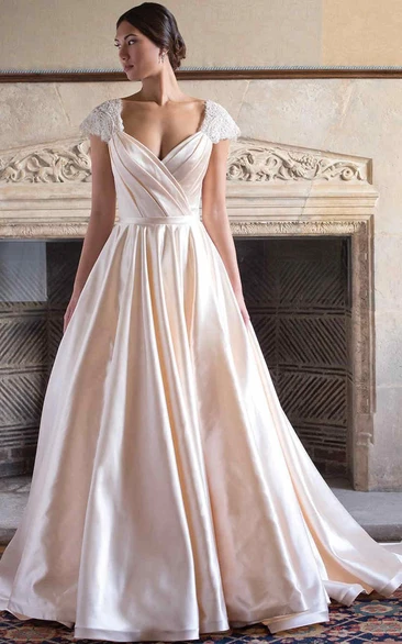 Cap-Sleeve V-Neck Satin A-Line Wedding Dress with Sweep Train and Criss Cross Modern Bridal Gown